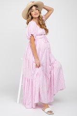 Pink Ditsy Floral Smocked Puff Sleeve Maternity Maxi Dress