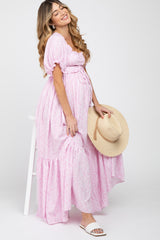 Pink Ditsy Floral Smocked Puff Sleeve Maternity Maxi Dress