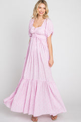 Pink Ditsy Floral Smocked Puff Sleeve Maternity Maxi Dress