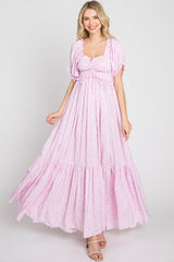 Pink Ditsy Floral Smocked Puff Sleeve Maxi Dress