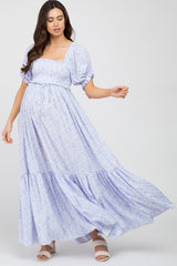 Blue Ditsy Floral Smocked Puff Sleeve Maternity Maxi Dress