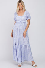 Blue Ditsy Floral Smocked Puff Sleeve Maternity Maxi Dress