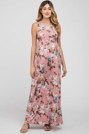 Pink Floral Sleeveless Maternity Maxi Dress