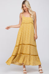 Yellow Ditsy Floral Crochet Accent Maxi Dress