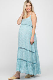 Light Blue Ditsy Floral Crochet Accent Maternity Maxi Dress