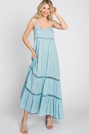 Light Blue Ditsy Floral Crochet Accent Maxi Dress