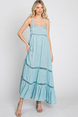 Light Blue Ditsy Floral Crochet Accent Maxi Dress