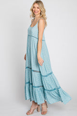 Light Blue Ditsy Floral Crochet Accent Maxi Dress