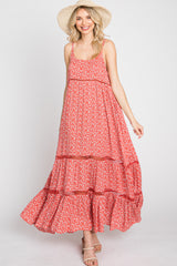 Coral Ditsy Floral Crochet Accent Maxi Dress