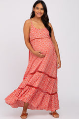 Coral Ditsy Floral Crochet Accent Maternity Maxi Dress