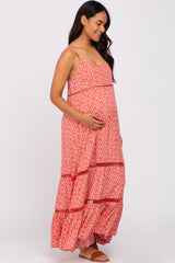 Coral Ditsy Floral Crochet Accent Maternity Maxi Dress