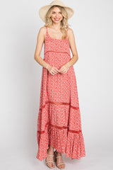 Coral Ditsy Floral Crochet Accent Maxi Dress