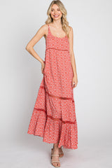 Coral Ditsy Floral Crochet Accent Maxi Dress