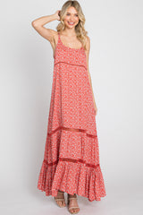 Coral Ditsy Floral Crochet Accent Maxi Dress