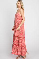 Coral Ditsy Floral Crochet Accent Maxi Dress