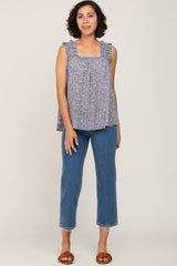 Blue Floral Square Neck Ruffle Strap Top