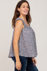 Blue Floral Square Neck Ruffle Strap Maternity Top