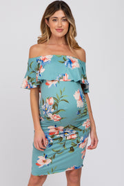 Mint Green Floral Off Shoulder Maternity Fitted Dress