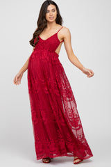 Burgundy Crochet Lace Open Back Maternity Maxi Dress