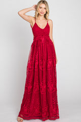 Burgundy Crochet Lace Open Back Maternity Maxi Dress