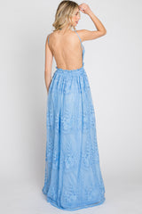 Blue Crochet Lace Open Back Maxi Dress