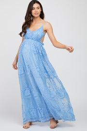 Blue Crochet Lace Open Back Maternity Maxi Dress