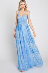 Blue Crochet Lace Open Back Maxi Dress