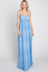 Blue Crochet Lace Open Back Maxi Dress