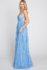 Blue Crochet Lace Open Back Maxi Dress