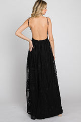 Black Crochet Lace Open Back Maxi Dress