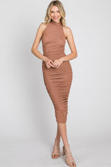 Mauve Glitter Mock Neck Ruched Fitted Midi Dress