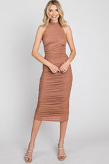 Mauve Glitter Mock Neck Ruched Fitted Midi Dress