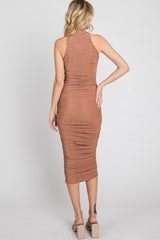 Mauve Glitter Mock Neck Ruched Fitted Midi Dress