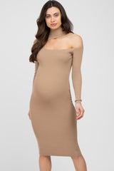 Mocha Knit Cutout Neckline Long Sleeve Maternity Midi Dress