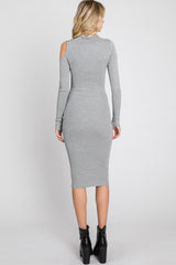 Grey Knit Cutout Neckline Long Sleeve Midi Dress