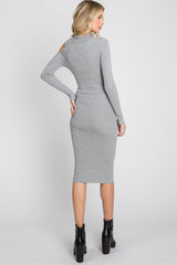 Grey Knit Cutout Neckline Long Sleeve Midi Dress