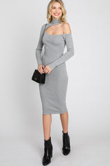 Grey Knit Cutout Neckline Long Sleeve Midi Dress