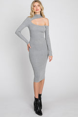 Grey Knit Cutout Neckline Long Sleeve Midi Dress