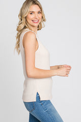 Beige Ribbed Knit Sleeveless Top