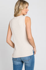 Beige Ribbed Knit Sleeveless Top