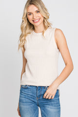 Beige Ribbed Knit Sleeveless Top