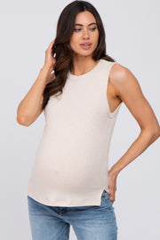 Beige Ribbed Knit Sleeveless Maternity Top