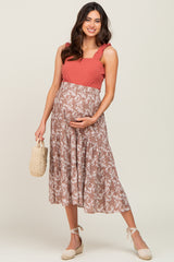 Mocha Floral Tiered Maternity Midi Skirt