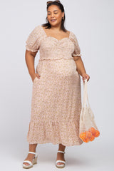 Light Pink Floral Sweetheart Neck Maternity Plus Midi Dress