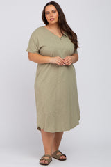 Olive Button Neck Round Hem Maternity Plus Dress