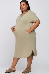 Olive Button Neck Round Hem Maternity Plus Dress