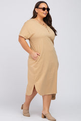 Camel Button Neck Round Hem Plus Dress