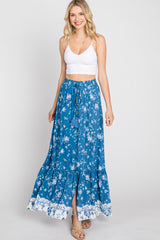 Blue Floral Button Front Maxi Skirt