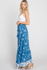 Blue Floral Button Front Maxi Skirt