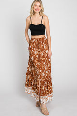 Camel Floral Button Front Maxi Skirt